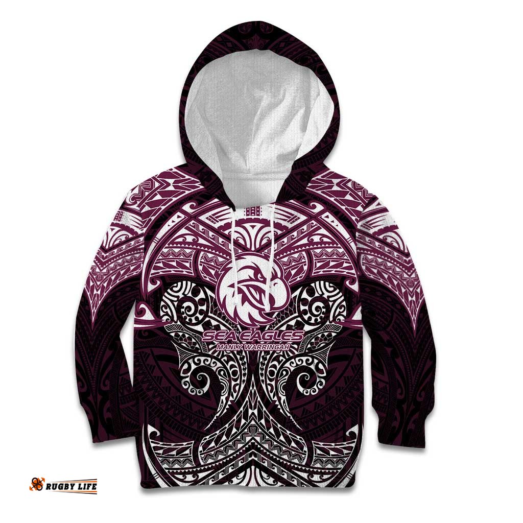 Personalized Manly Warringah Sea Eagles Kid Hoodie Polynesian Tribal Pattern Style TS04