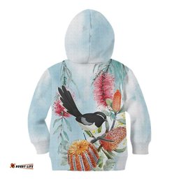 Willie wagtail Australia Kid Hoodie Banksia Bottlebrushes Watercolor Stylized LT14