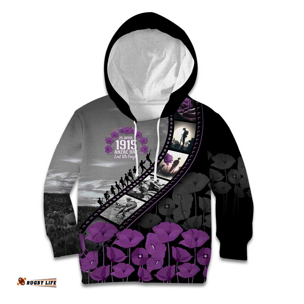Personalised Remembering ANZAC Lest We Forget Kid Hoodie Vintage Film Frame Memorial Purple Poppy LT9