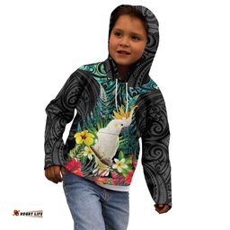 Sulphur-crested Cockatoo New Zealand Kid Hoodie Paua Shell Aotearoa Maori Tropical Flowers LT14