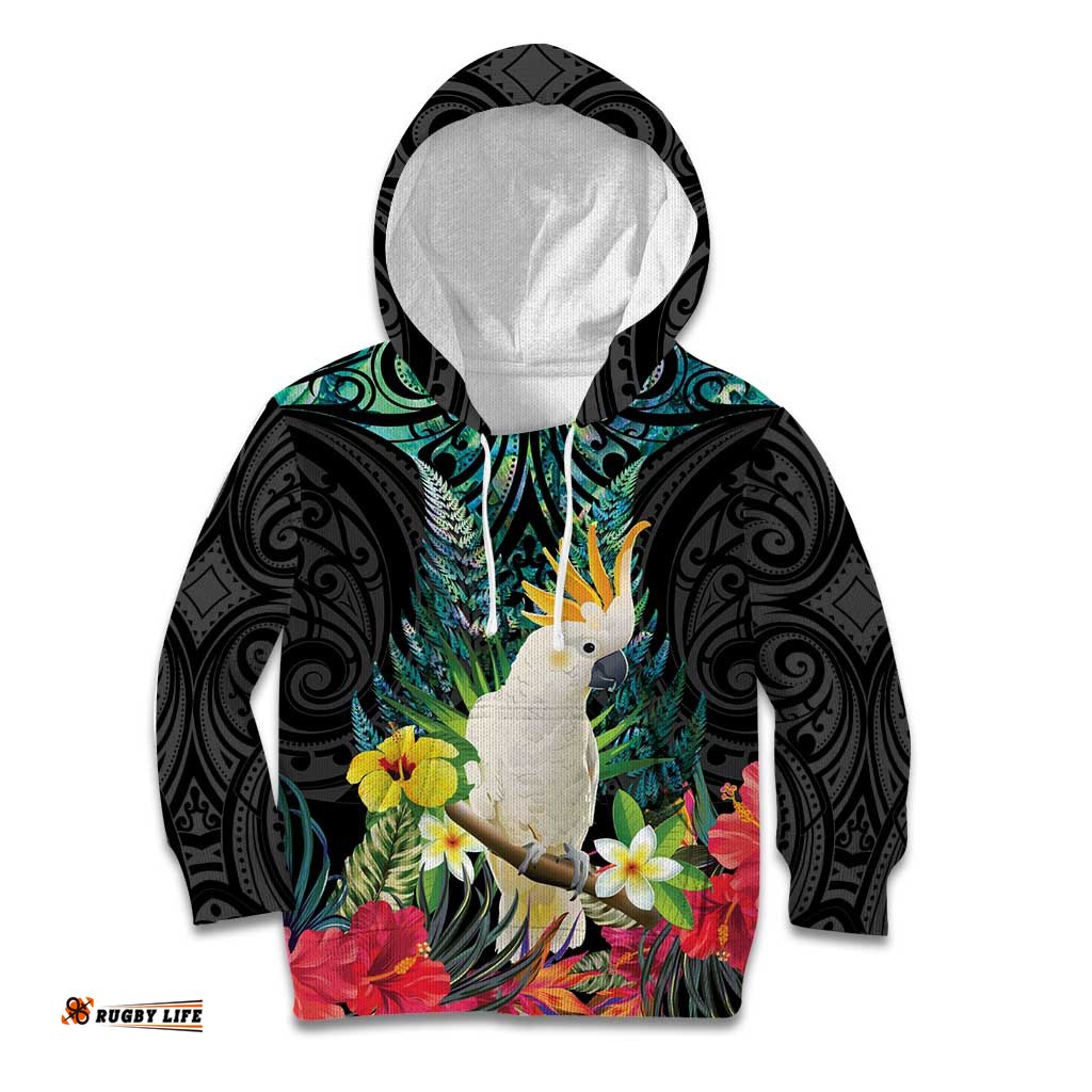 Sulphur-crested Cockatoo New Zealand Kid Hoodie Paua Shell Aotearoa Maori Tropical Flowers LT14