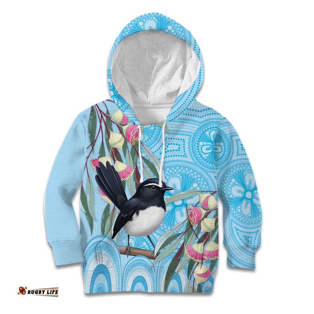 Willie wagtail Australia Kid Hoodie Eucalyptus Blossoms Aboriginal Art LT14