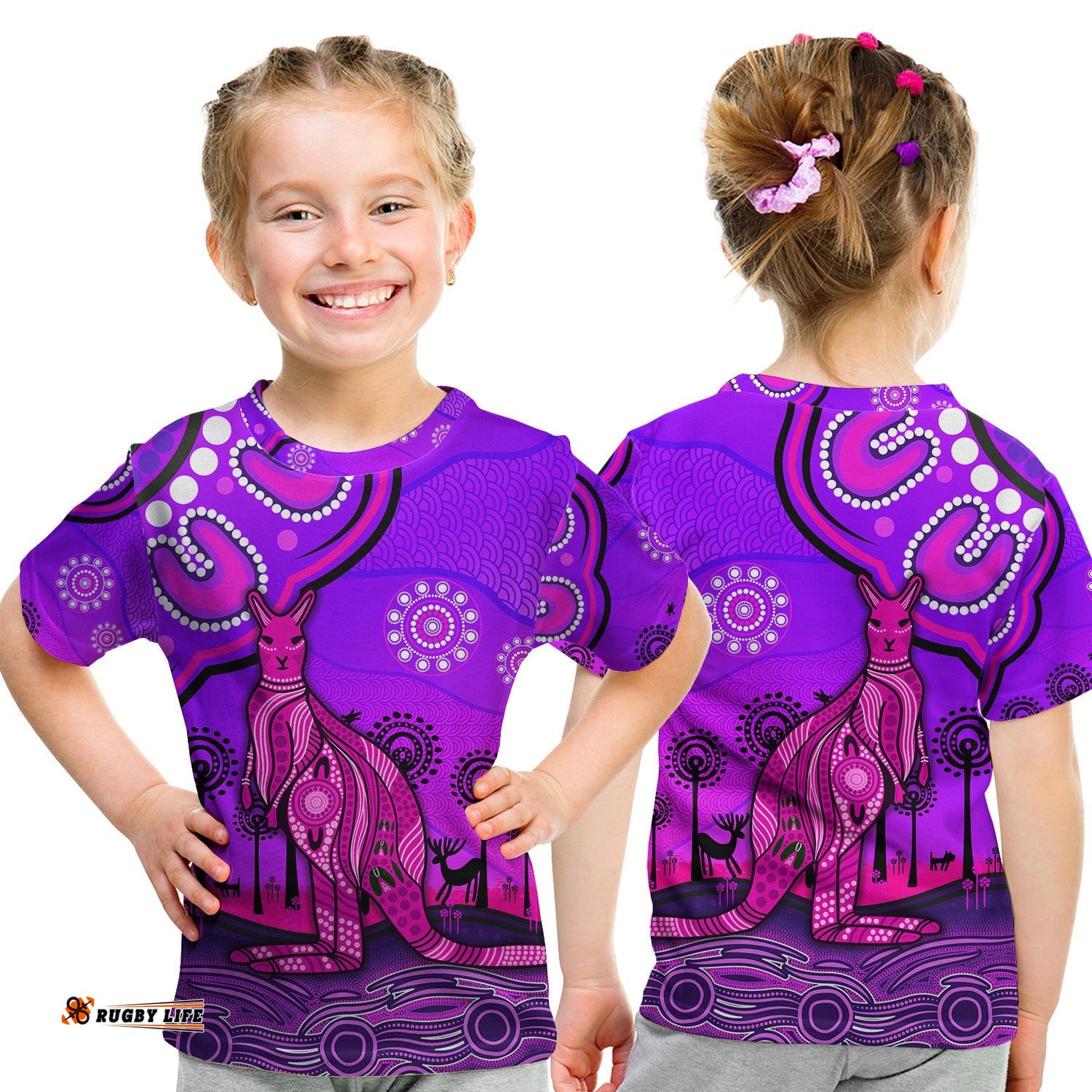 Aboriginal Art Kangaroo T Shirt KID Indigenous Unique Vibes - Purple