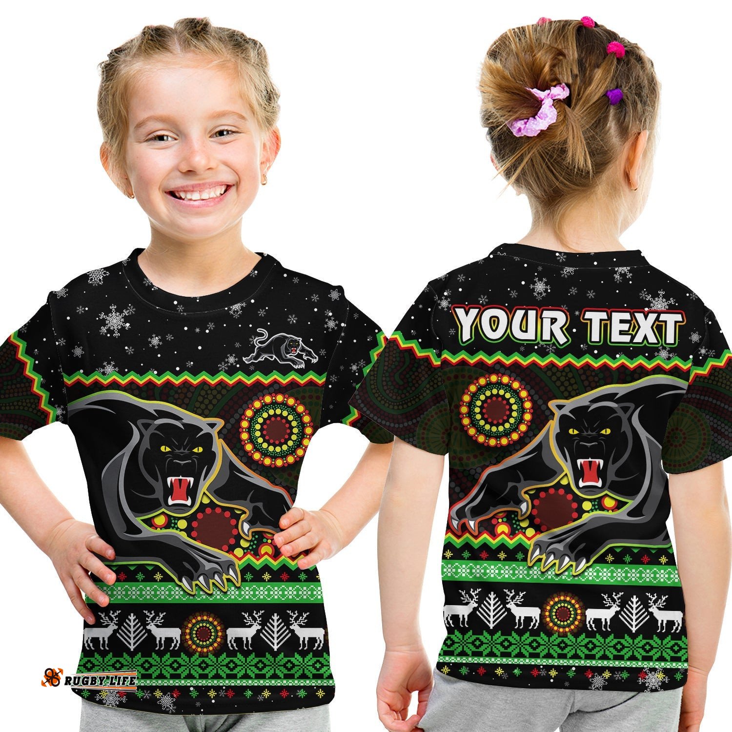 Custom Personalised Panthers Christmas T Shirt KID Aboriginal Pattern Penrith Black Version