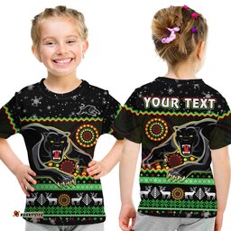 Custom Personalised Panthers Christmas T Shirt KID Aboriginal Pattern Penrith Black Version