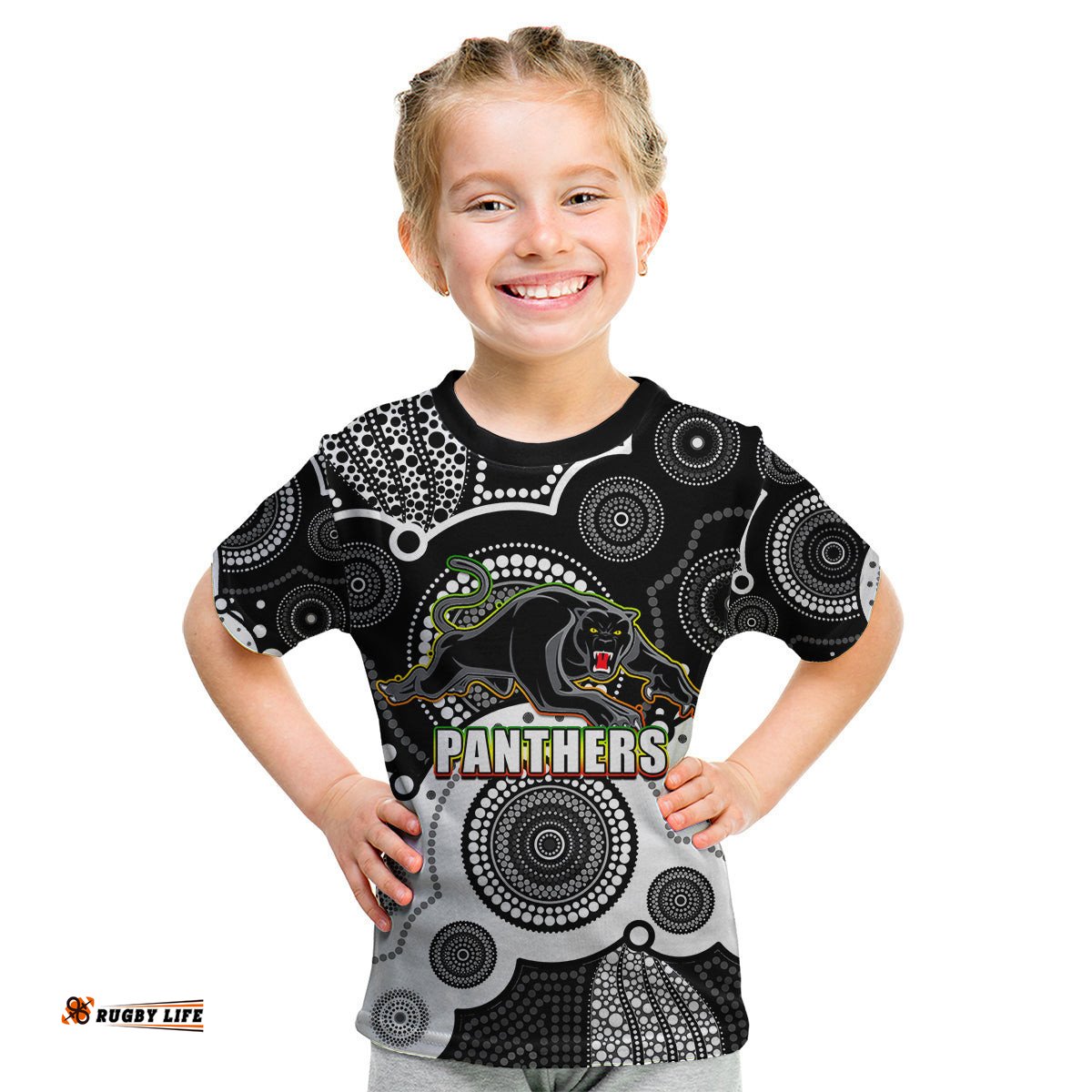 Custom Personalised And Number Panthers NRL Kid T Shirt Aboriginal Patterns