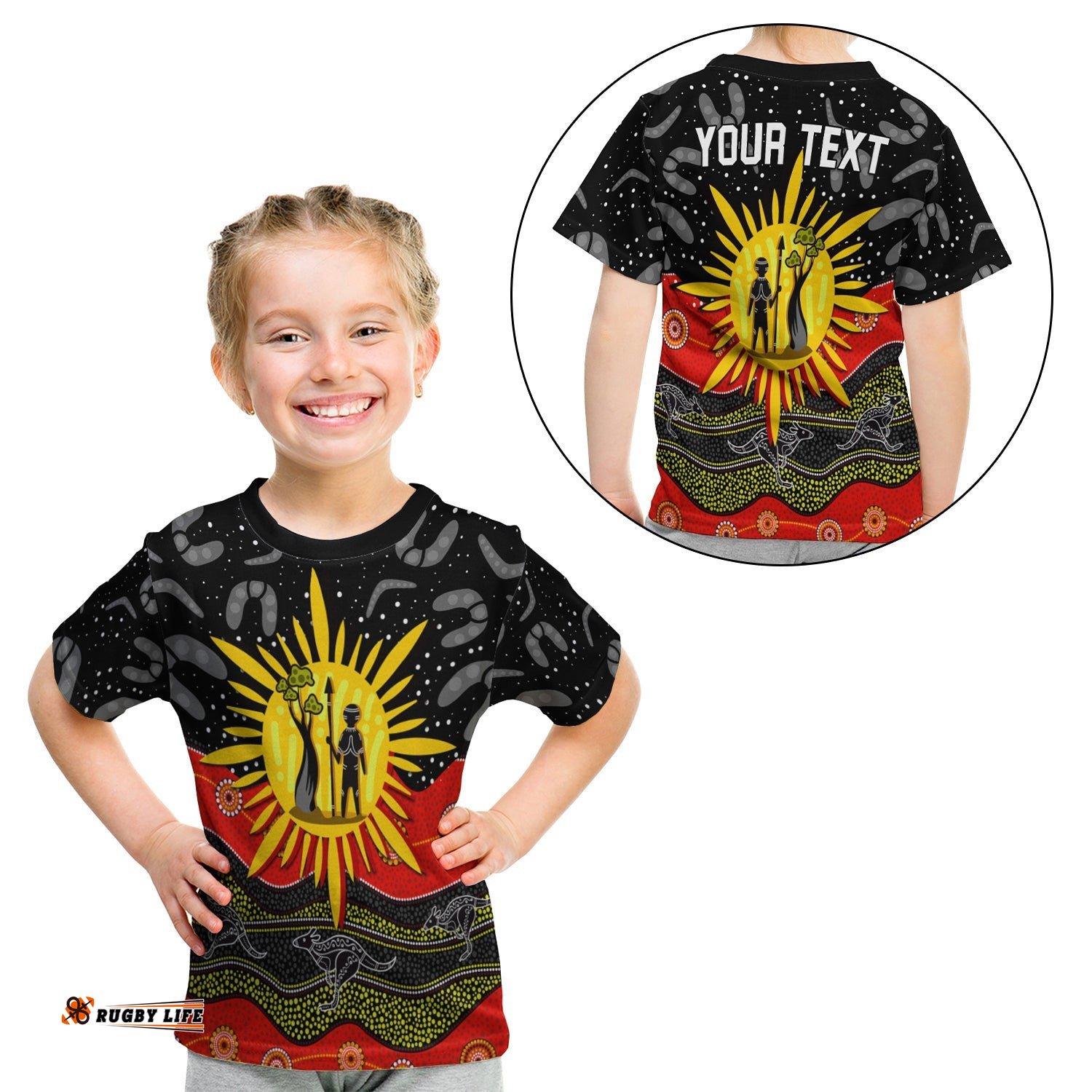 Custom Personalised Aboriginal Flag T Shirt KID Energetic Aussie
