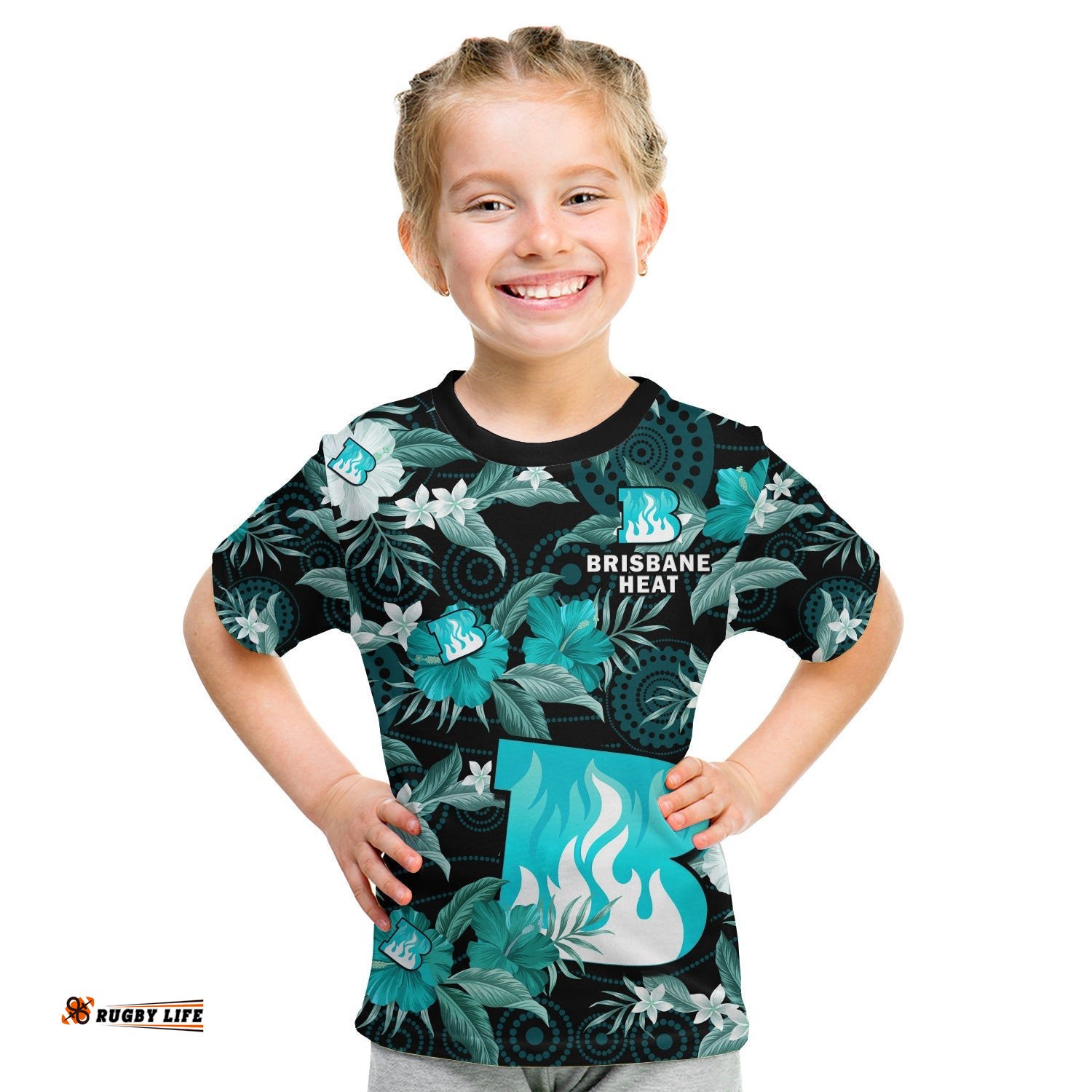 Brisbane Heat Cricket T Shirt KID Aboriginal Art Mix Tropical Flowers