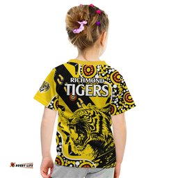 Richmond Tigers Football Kid T Shirt Angry Tiger Roaring Aboriginal Boomerang and Dots Art