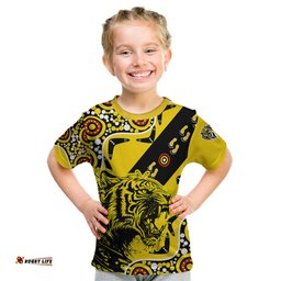 Richmond Tigers Football Kid T Shirt Angry Tiger Roaring Aboriginal Boomerang and Dots Art