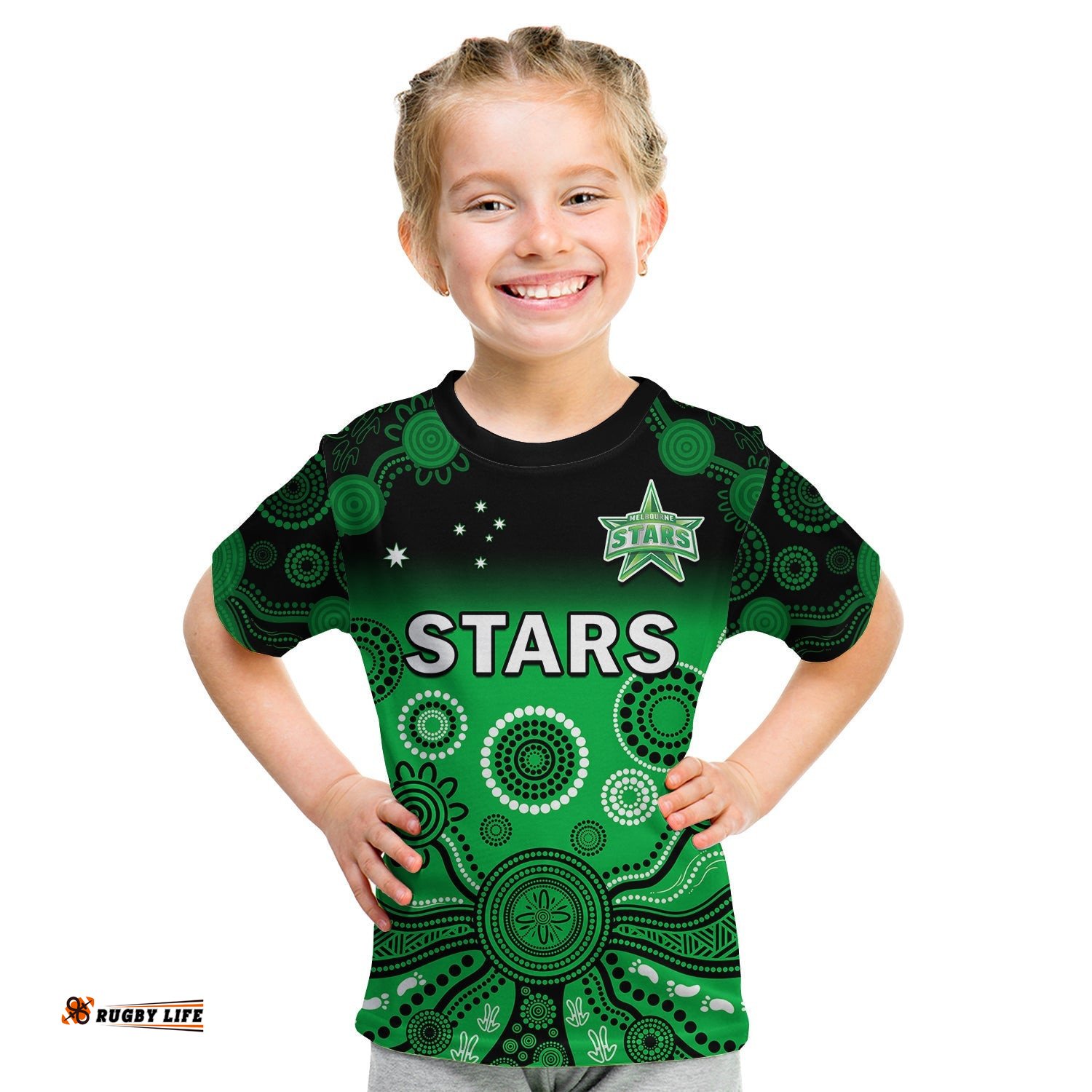 Stars Cricket T Shirt KID Melbourne Team Green Gradient Aboriginal Art