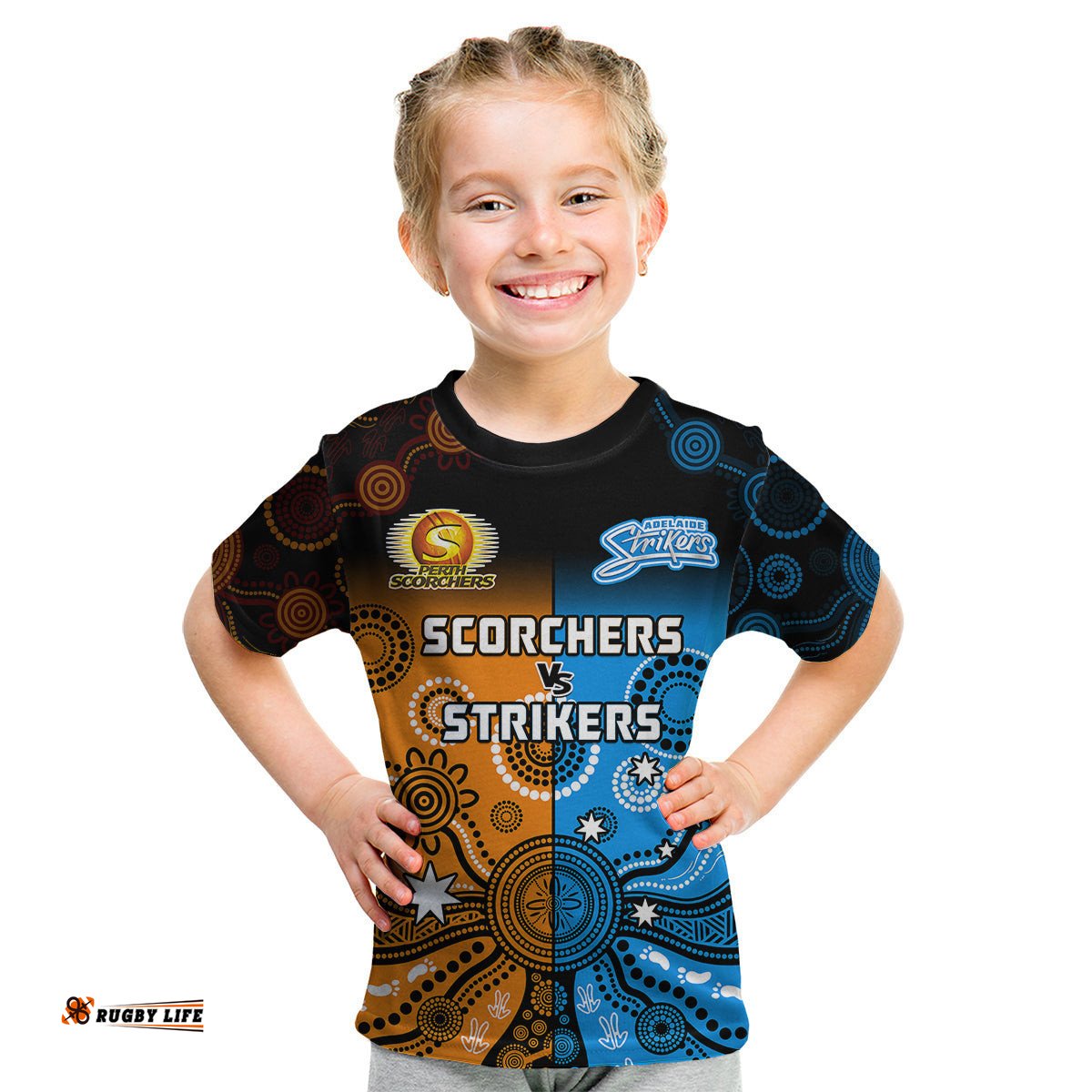 Custom Text And Number Perth Scorchers and Adelaide Strikers Cricket Kid T Shirt Aboriginal Art