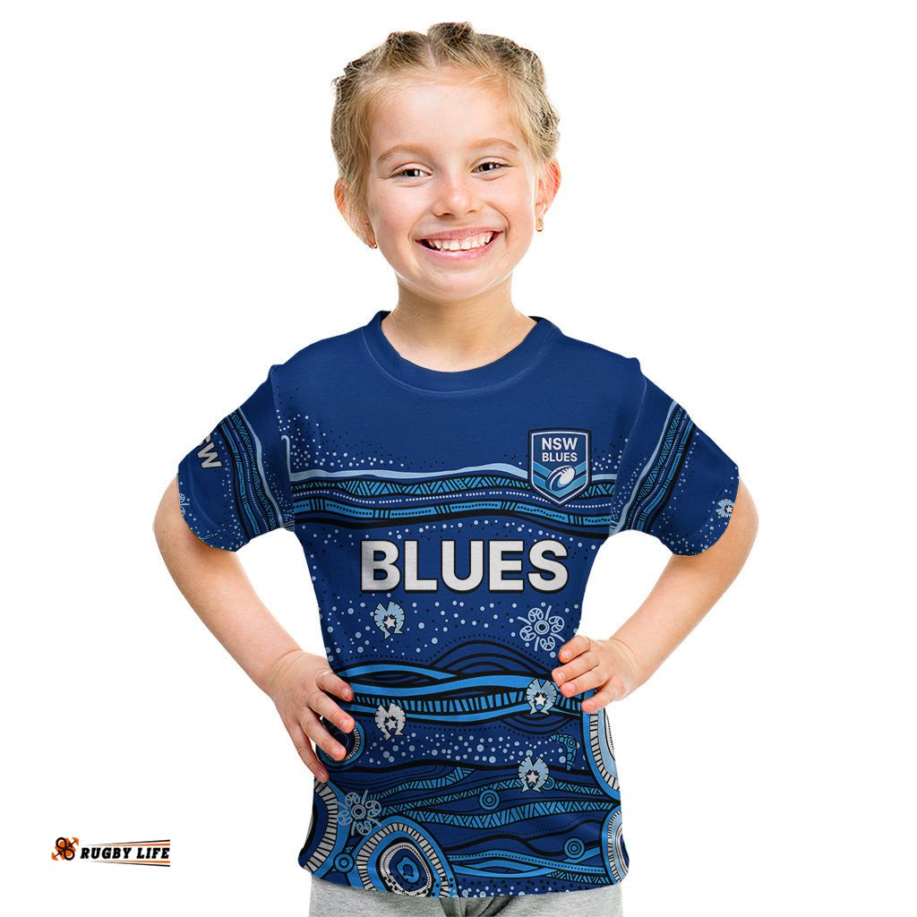 Custom Text And Number NSW Blues Rugby Kid T Shirt Aboriginal Indigenous