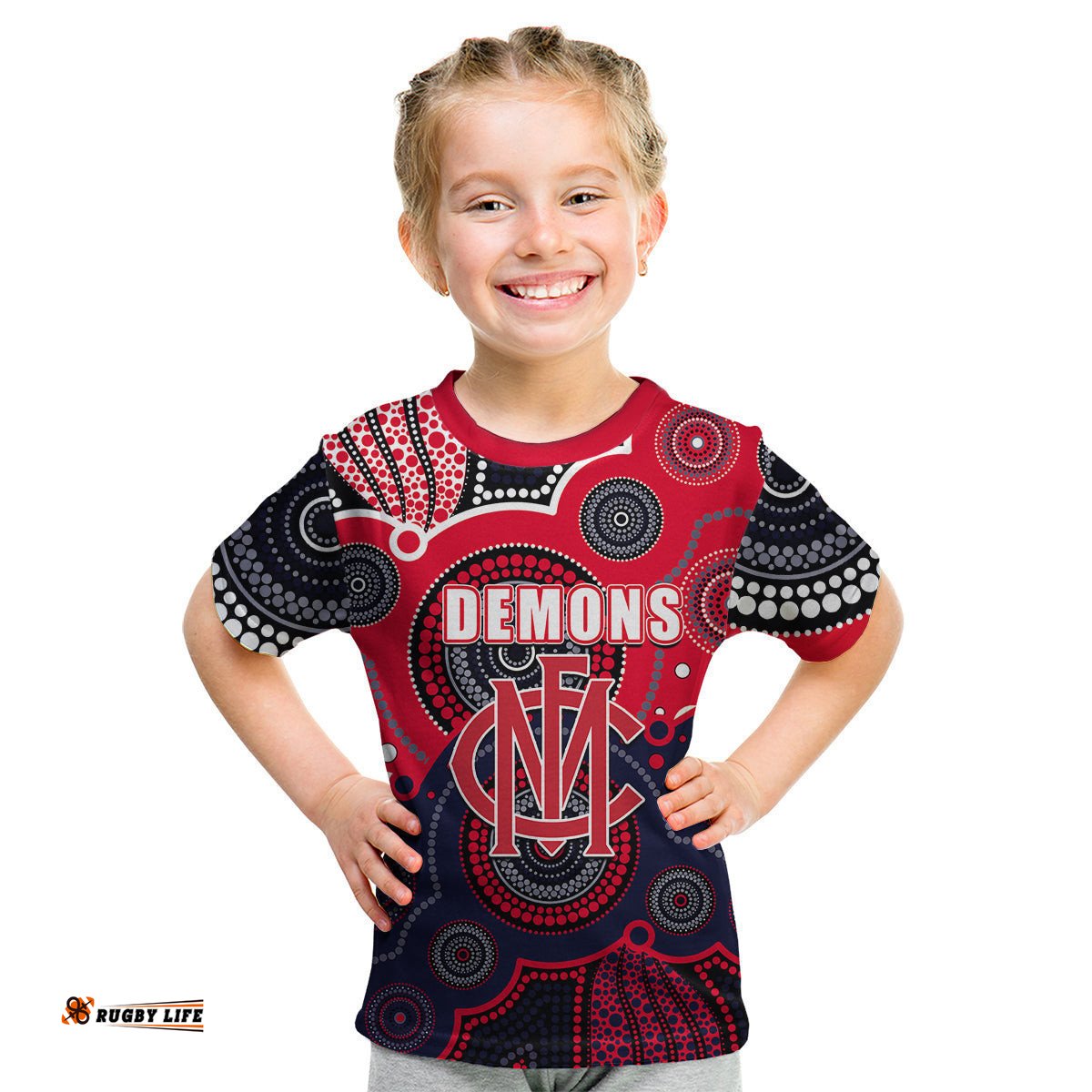 Custom Personalised And Number Demons AFL Kid T Shirt Aboriginal Patterns