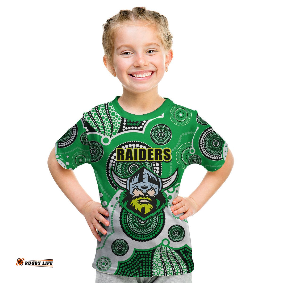 Custom Personalised And Number Raiders NRL Kid T Shirt Aboriginal Patterns