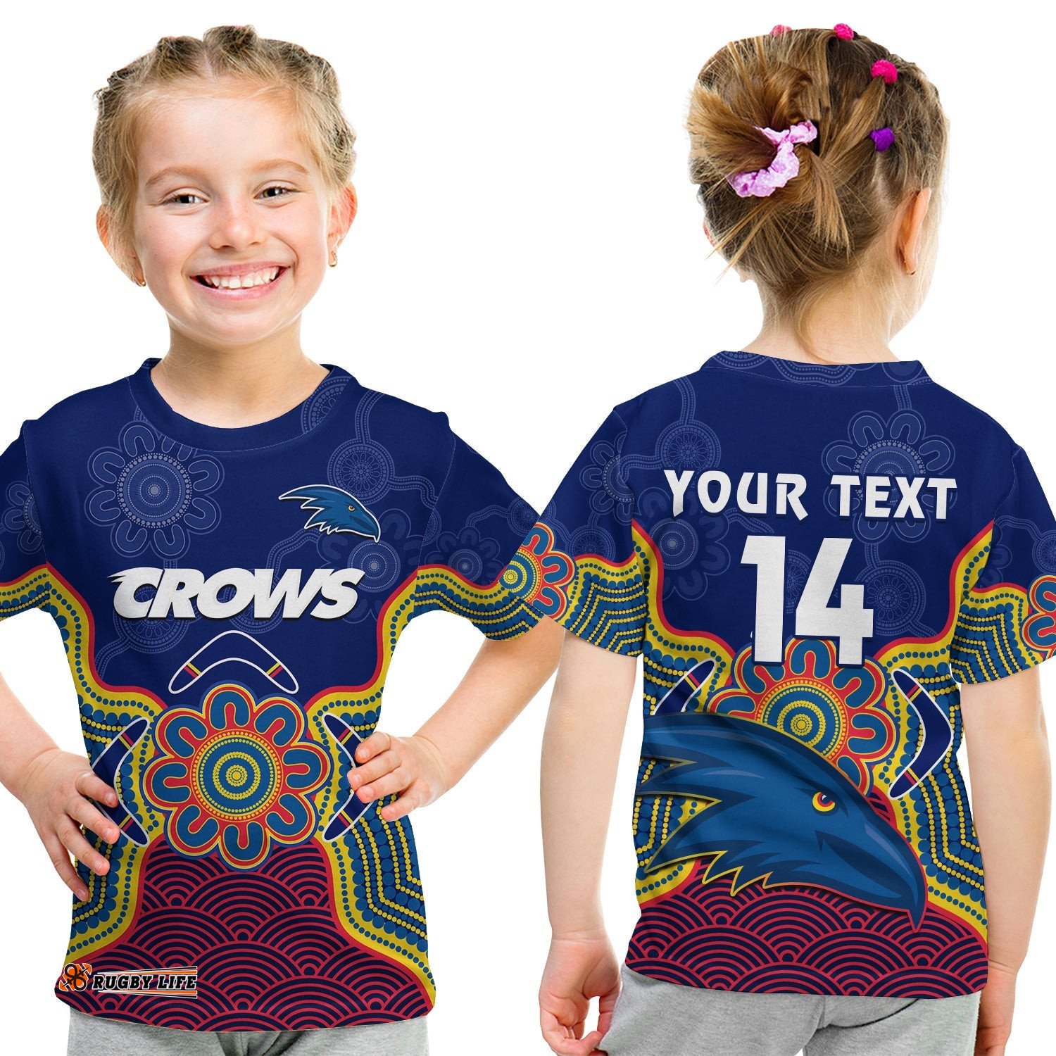 Custom Text And Number Adelaide Football T Shirt KID Crows Aboriginal Art