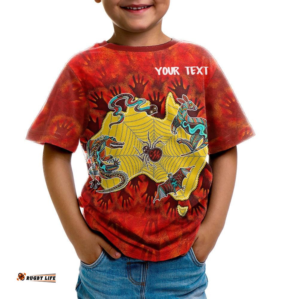Custom Aboriginal Kid T-shirts - Australia Map Hand Patterns Spider Web