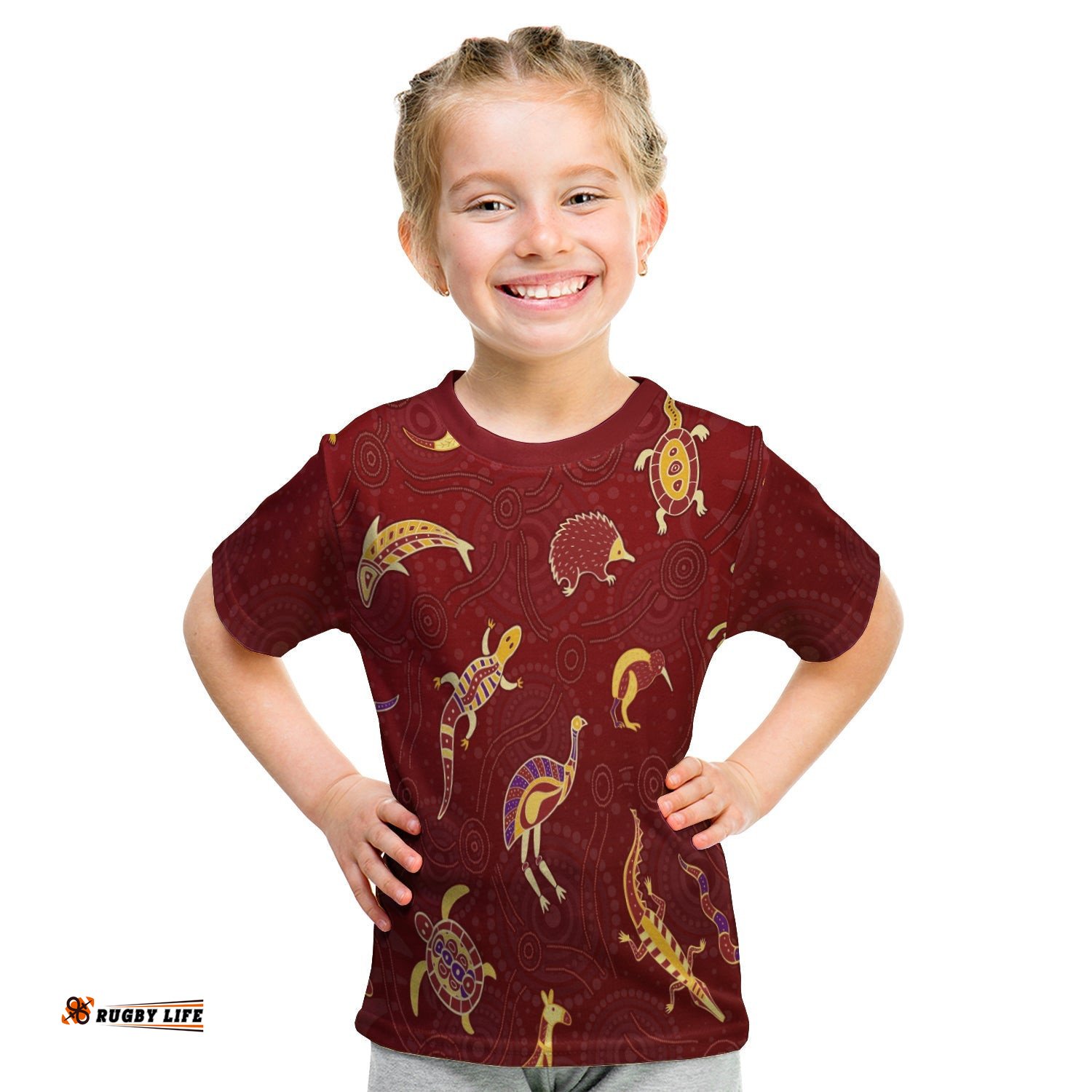 Aboriginal Art T Shirt KID Animals Australia Version Maroon