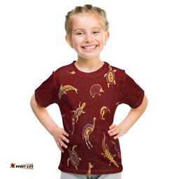 Aboriginal Art T Shirt KID Animals Australia Version Maroon