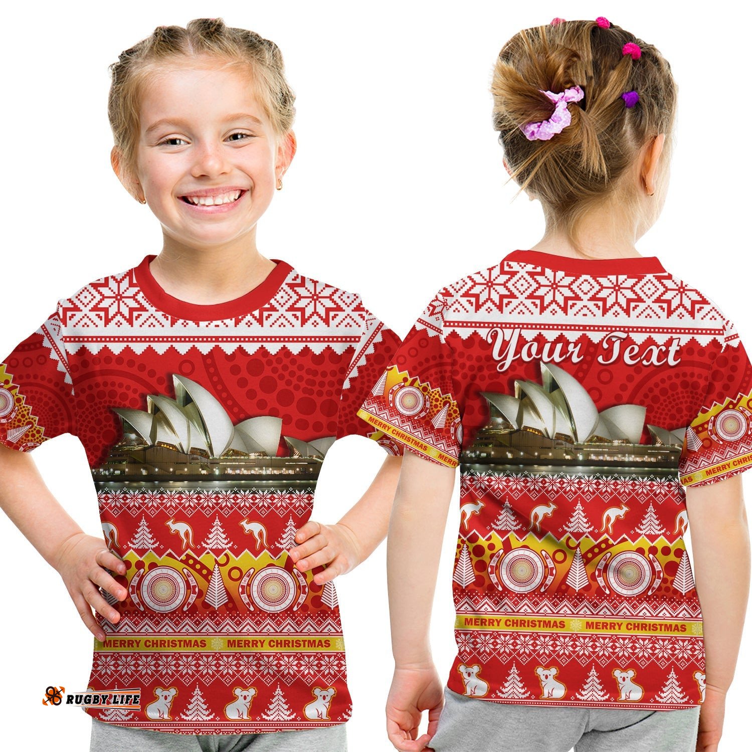 Custom Personalised Australia T Shirt KID Sydney Opera House Aboriginal Art Merry Christmas