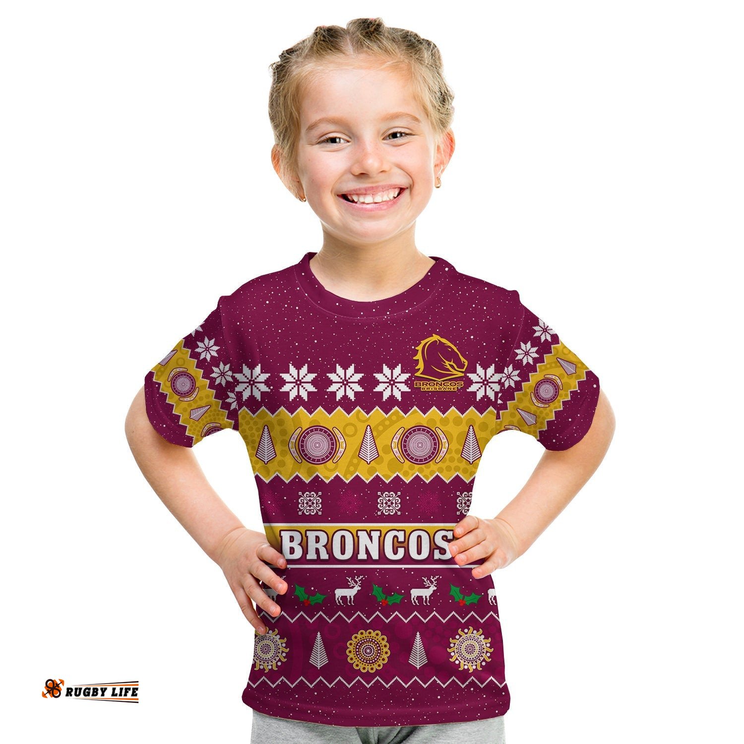 Broncos Christmas T Shirt KID Brisbane Aboriginal Art Merry Xmas