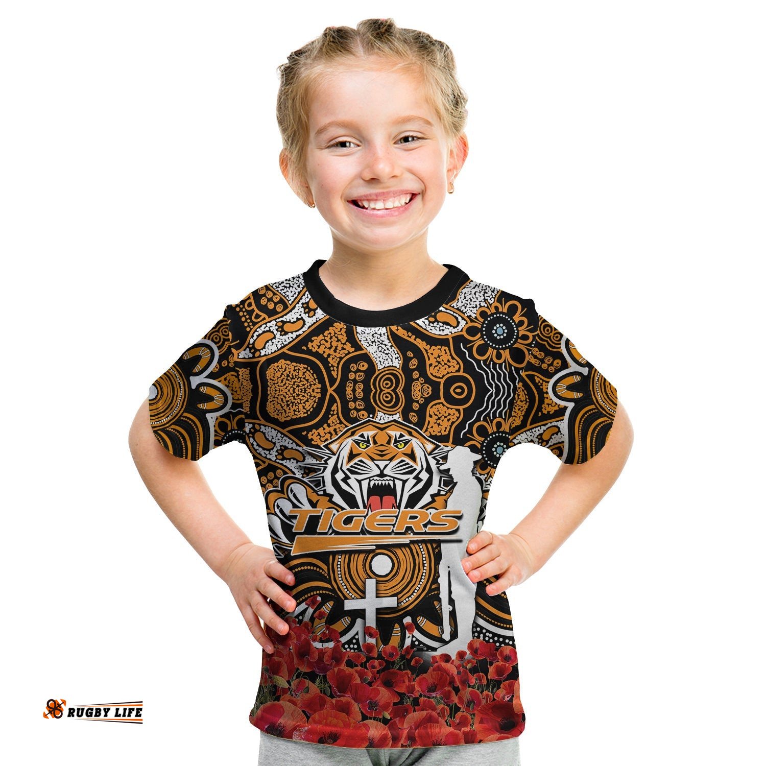 Wests Tigers T Shirt KID Anzac Day Poppy Flowers With Aboriginal