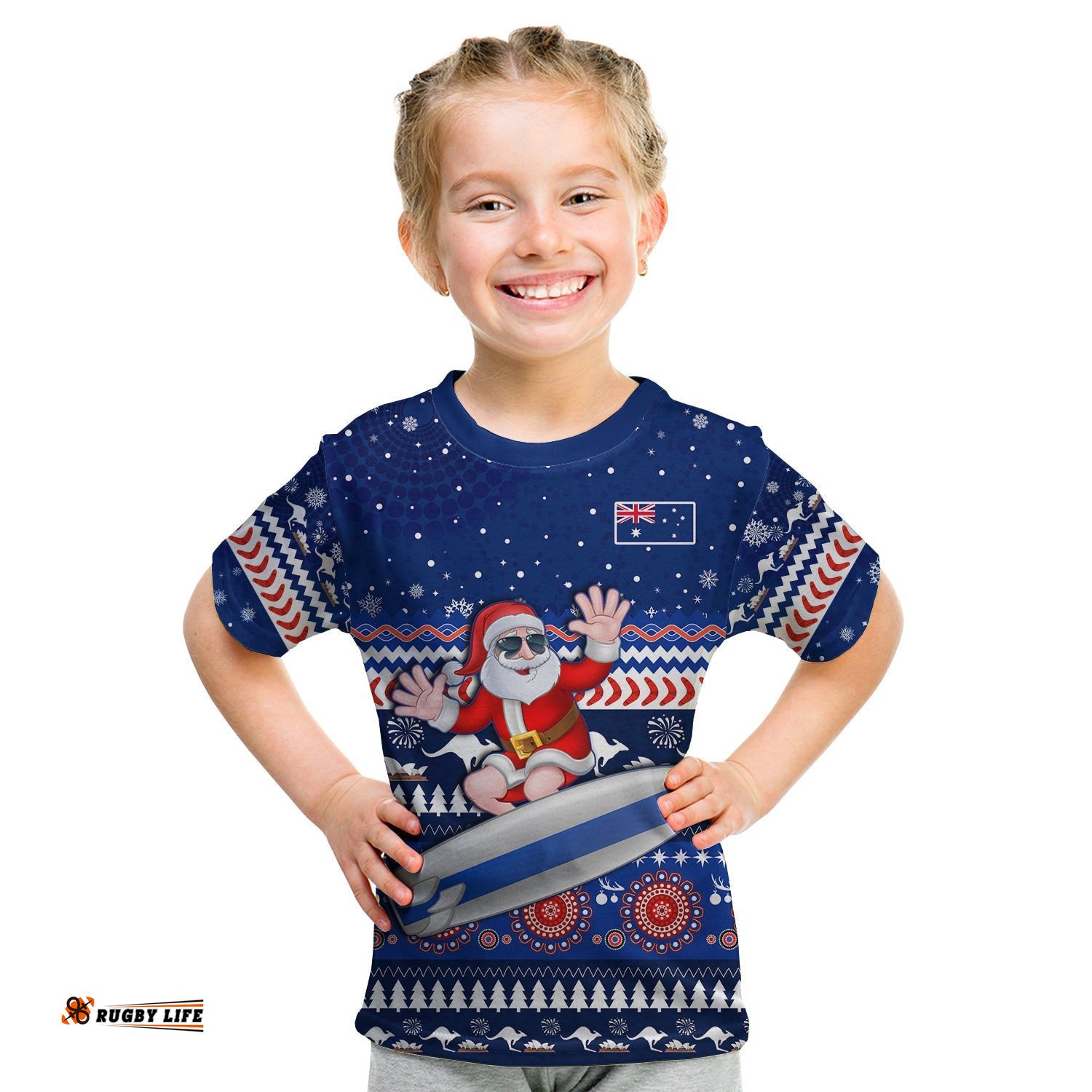 Australia Christmas T Shirt KID Aussie Aboriginal Santa Claus is Surfing with Kangaroo