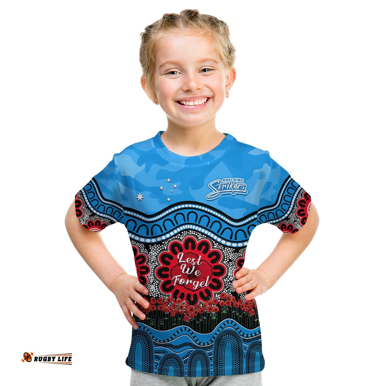 Custom Text And Number Adelaide Strikers Cricket ANZAC T Shirt KID Poppy Aboriginal Camouflage