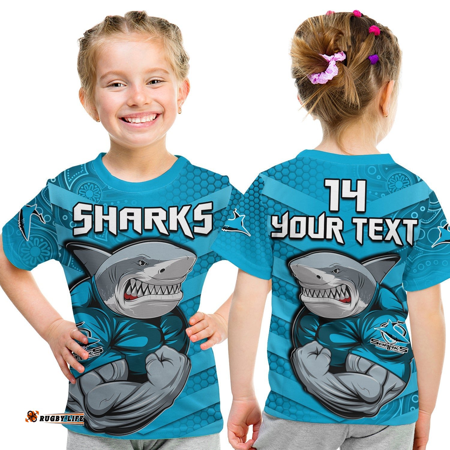 Custom Text And Number Sharks Rugby T Shirt KID Go Sharkies Aboriginal Sporty Version