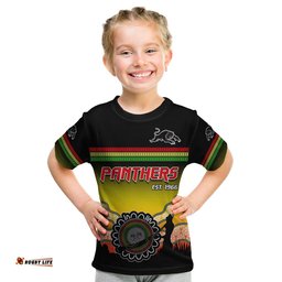 Custom Text and Number Panthers T Shirt KID Go The Mighty Penrith Aboriginal