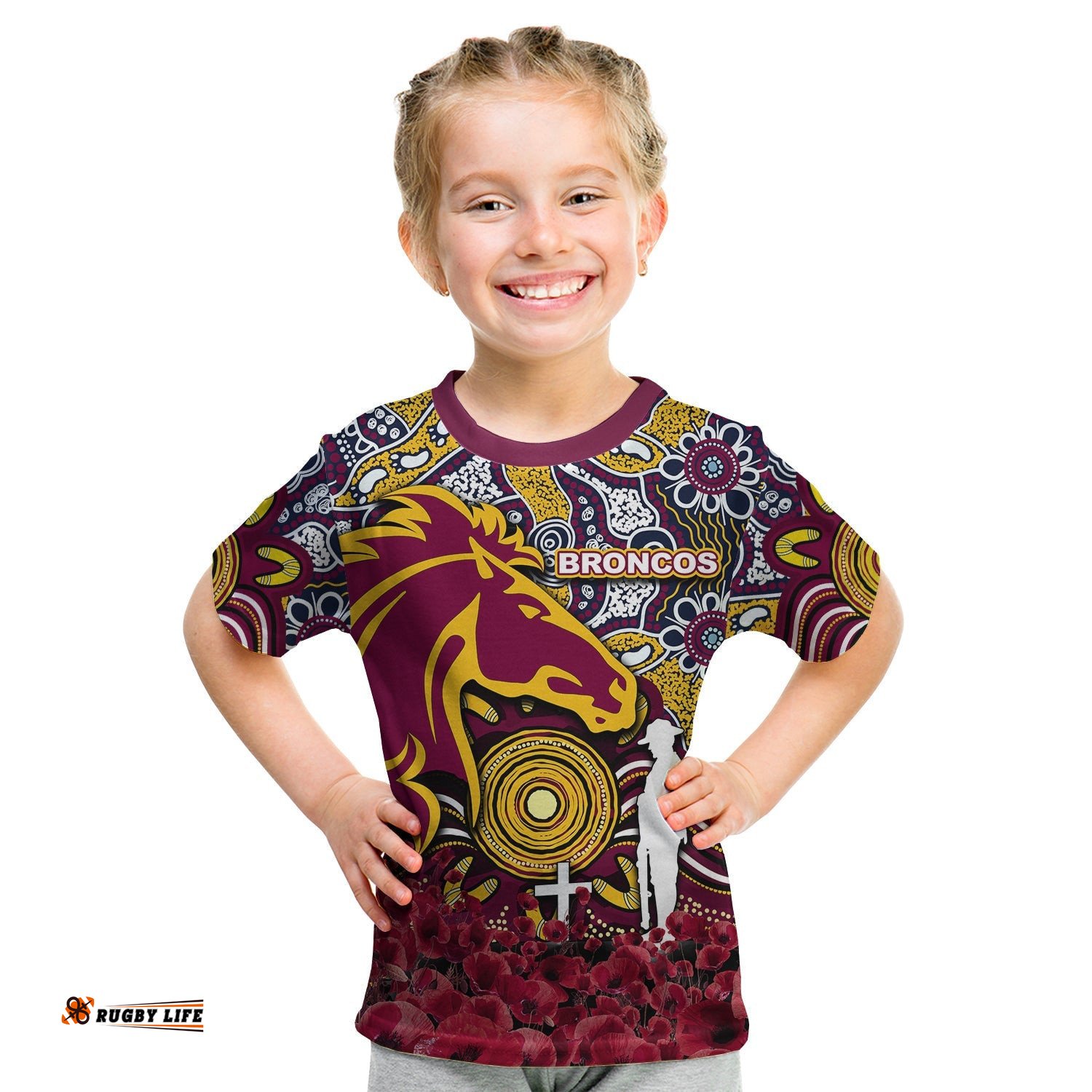 Brisbane Broncos T Shirt KID Anzac Day Poppy Flowers With Aboriginal