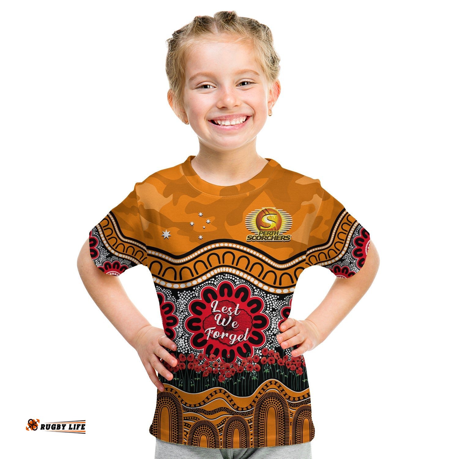 Custom Text And Number Perth Scorchers Cricket ANZAC T Shirt KID Poppy Aboriginal Camouflage