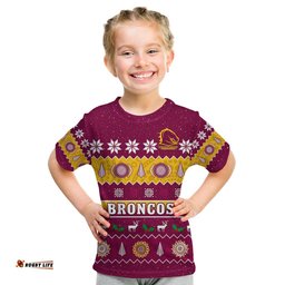 Custom Personalised Broncos Christmas T Shirt KID Brisbane Aboriginal Art Merry Xmas