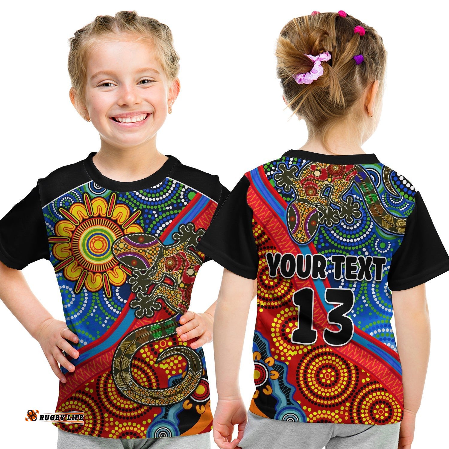 Custom Text and Number Australia Lizard and Sun T Shirt KID Aboriginal Art Speical