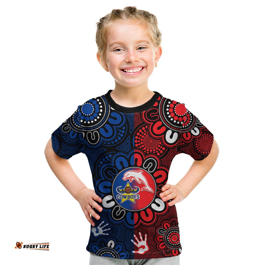 NRL Dolphins Combine Cowboys Rugby Kid T Shirt Indigenous Aboriginal Style