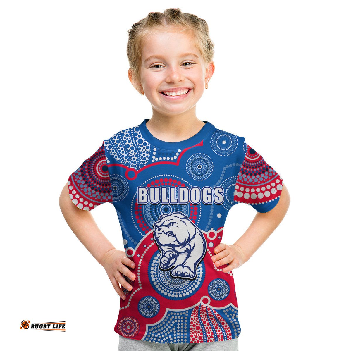 Custom Personalised And Number Bulldogs AFL Kid T Shirt Aboriginal Patterns