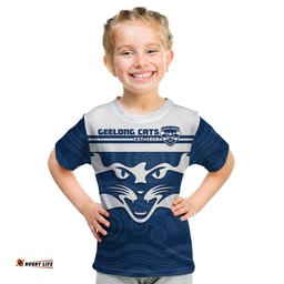 Custom Text And Number Cats Football T Shirt KID Geelong Est 1859 Aboriginal Art