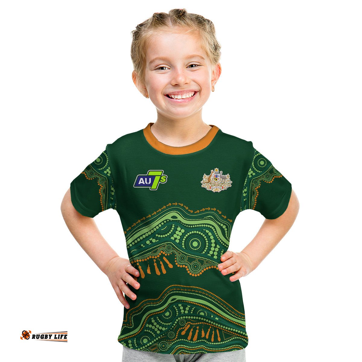 Custom Text And Number Aussie Sevens Rugby Aboriginal Art Kid T Shirt