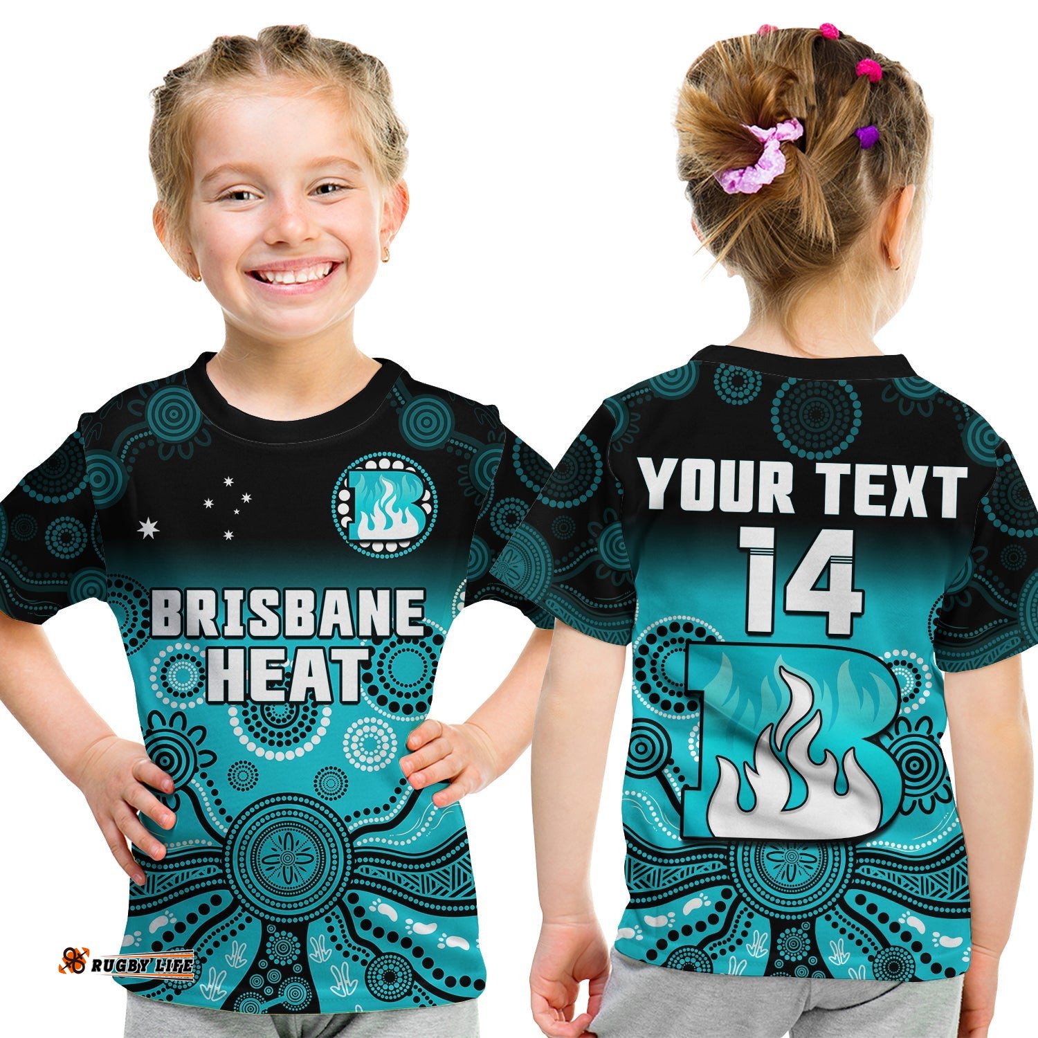 Custom Text And Number Brisbane Heat T Shirt KID Gradient Aboriginal Dot Painting