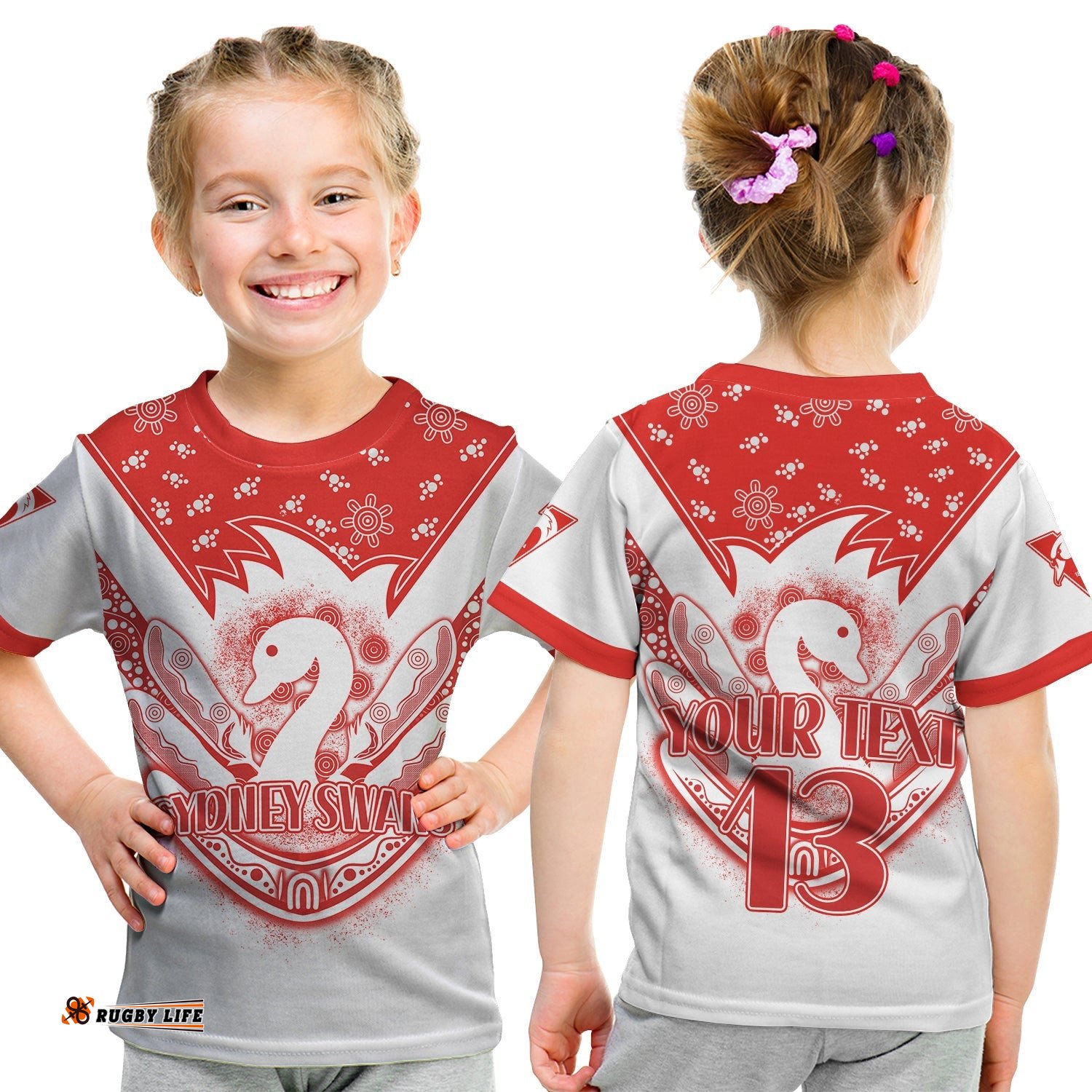 Custom Text and Number Swans Football T Shirt KID Est 1874 Aboriginal Boomerang Sydney Bloods