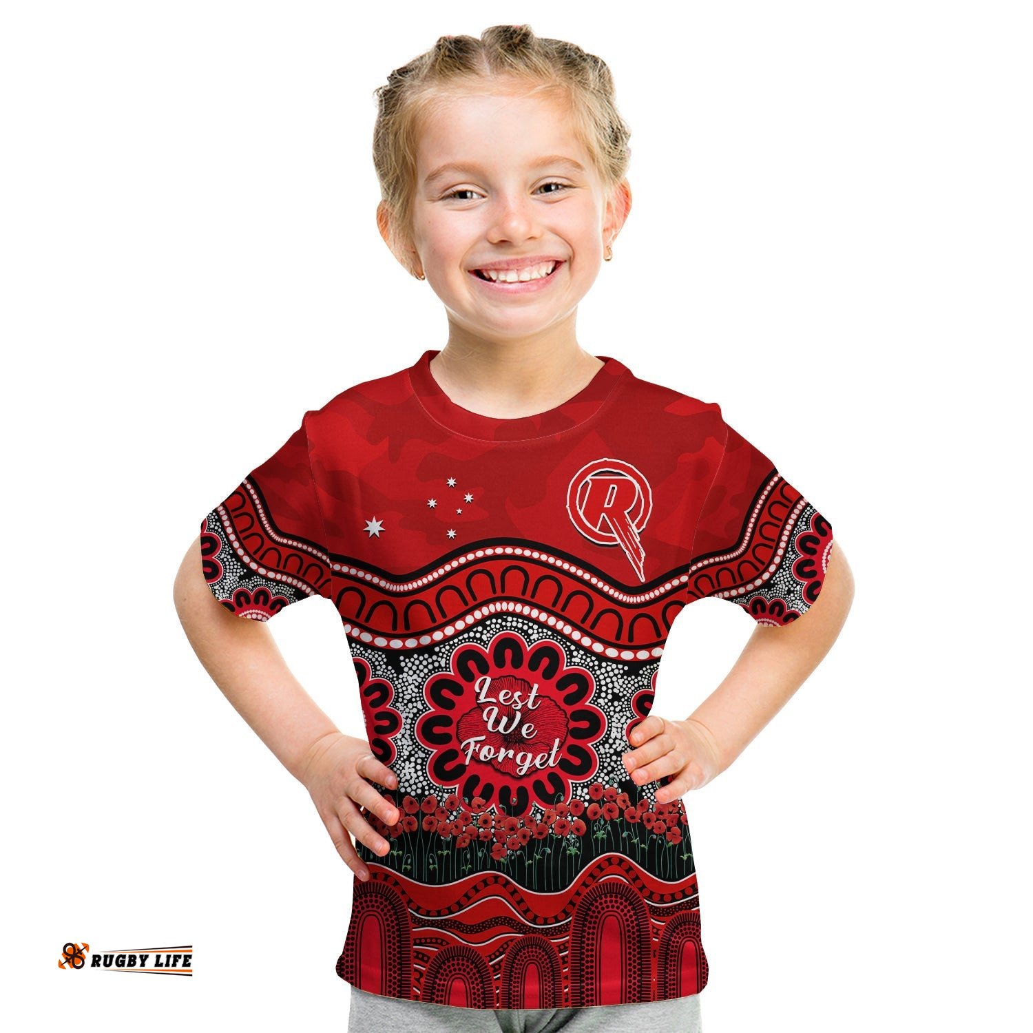 Renegades Cricket ANZAC T Shirt KID Melbourne Poppy Aboriginal Camouflage
