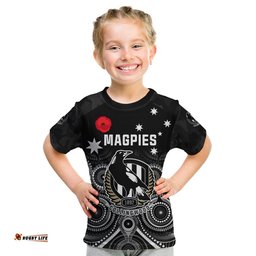 Custom Text and Number Magpies Football ANZAC Day T Shirt KID Aboriginal Poppy Flowers
