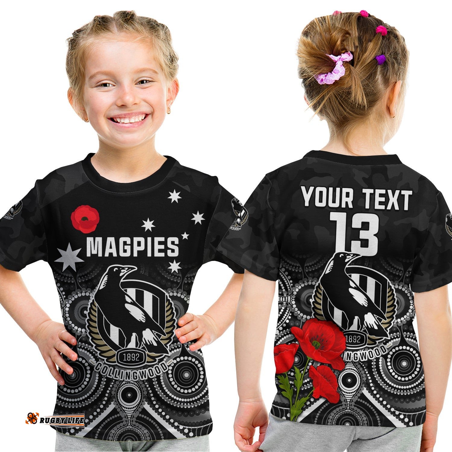 Custom Text and Number Magpies Football ANZAC Day T Shirt KID Aboriginal Poppy Flowers