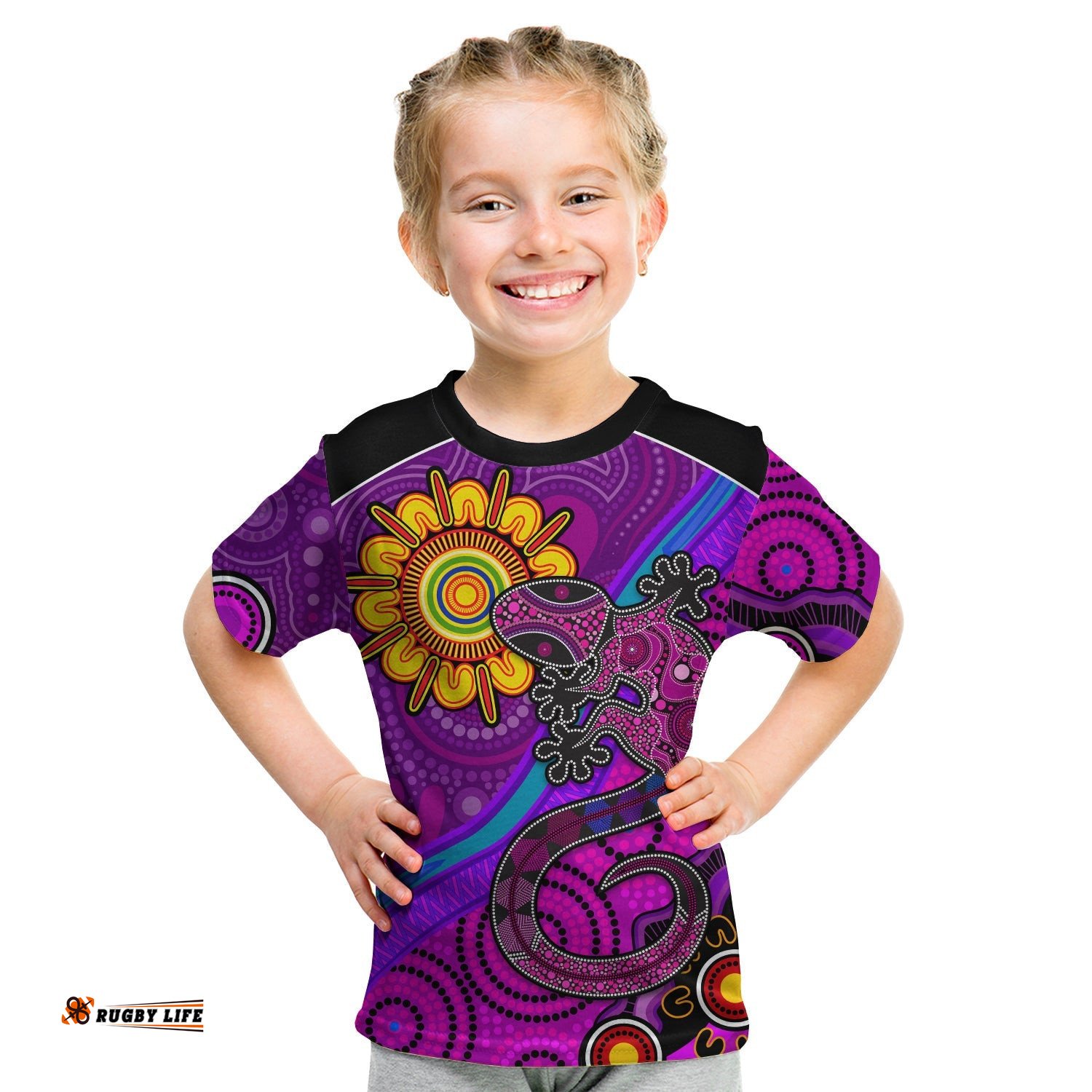 Australia Lizard and Sun T Shirt KID Aboriginal Art Purple