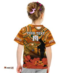 Custom Text And Number Wallabies Rugby ANZAC Kid T Shirt Aboriginal Camouflage Lest We Forget