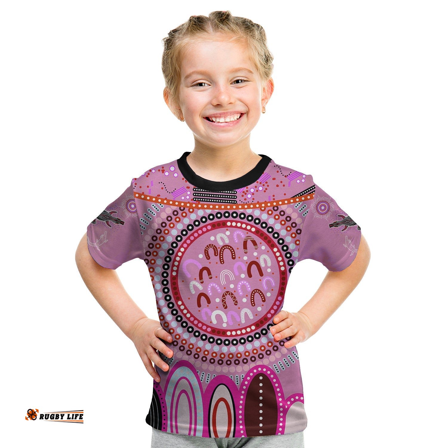 Custom Text and Number Aboriginal Stand Up T Shirt KID Circle Dot with Lizard Version Pink