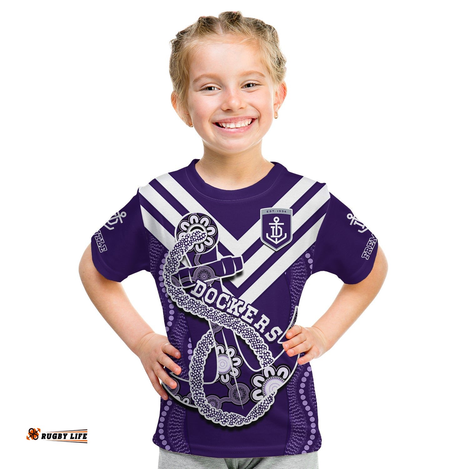 Dockers Football T Shirt KID Fremantle Anchor Mix Aboriginal Pattern Dynamic Style
