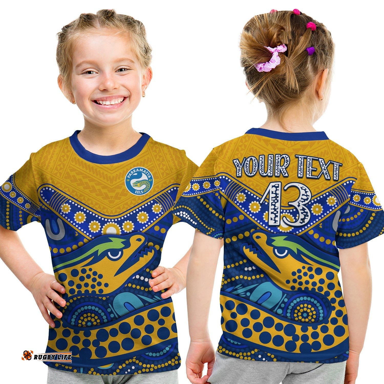 Custom Text and Number Eels Rugby T Shirt KID Aboriginal and Polynesia Parramatta