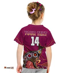 Custom Text And Number Maroons Rugby T Shirt KID Queensland Kangaroo Aboriginal Dot Paintings