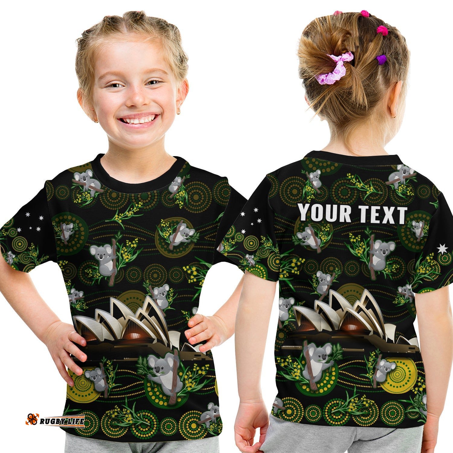 Custom Personalised Australia T Shirt KID Aboriginal Golden Wattle Mix Koala and Sydney Opera House